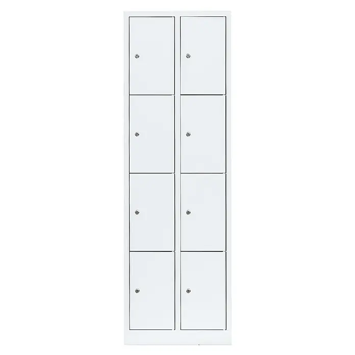 Lüllmann Schließfachschrank - H x B x T: 180 x 60 x 50 cm, Signalweiß, Fertig montiert, Anzahl Fächer: 8 Stk. - Bild eines weißen Schranks mit mehreren Fächern und Schlössern, ideal zur Aufbewahrung.