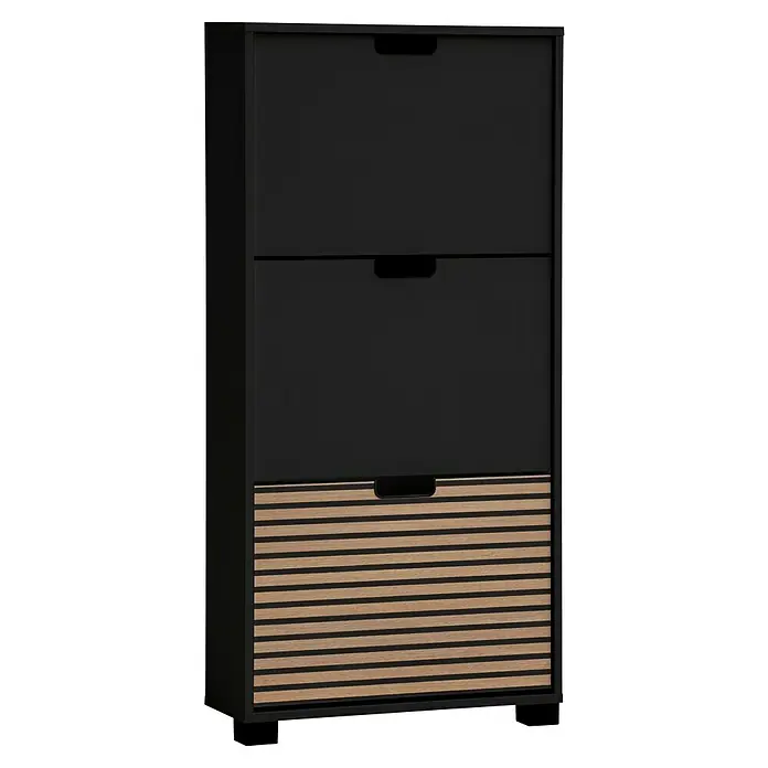 Schildmeyer Ryker Schuhregal - L x B x H: 19,5 x 59,8 x 124 cm, Schwarz, Anzahl Fächer: 3 Stk. - Schwarzer Schuhschrank mit drei Schubladen, die obersten zwei sind schwarz, die untere ist hellbraun mit schwarzen Streifen für einen modernen Look.