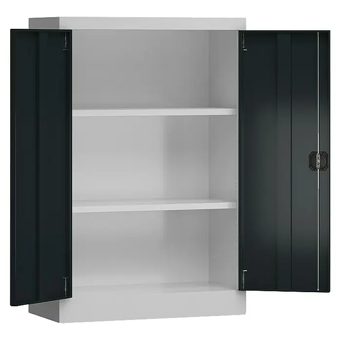 Lüllmann ClassiX Metall-Mehrzweckschrank - H x B x T: 120 x 80 x 38 cm, Lichtgrau/Anthrazit, Fertig montiert, Anzahl Böden: 2 Stk. - Offener grauer Metallschrank mit zwei Regalböden und grauen Türen. Perfekt für Büro oder Werkstatt.
