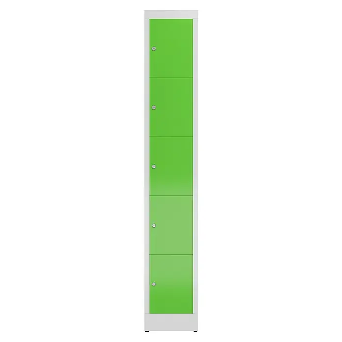 Lüllmann ClassiX Schließfachschrank - H x B x T: 180 x 31 x 50 cm, Lichtgrau/Gelbgrün, Fertig montiert, Anzahl Fächer: 5 Stk. - Ein hochformatiger grüner Spind mit fünf Fächern, umrandet von einem weißen Rahmen, ideal für Schulen oder Umkleideräume.