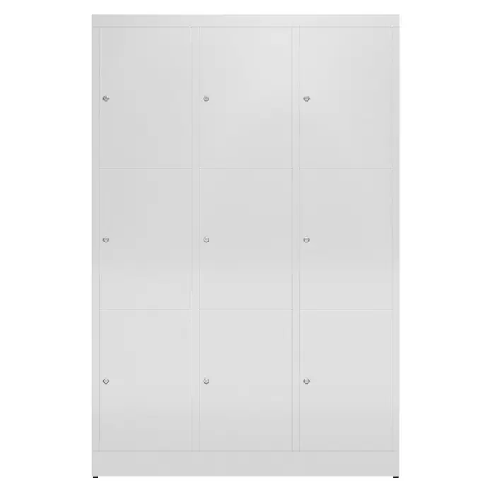Lüllmann ClassiX Schließfachschrank - H x B x T: 180 x 118,5 x 50 cm, Lichtgrau, Fertig montiert, Anzahl Fächer: 9 Stk. - Abbildung eines weißen Metallschrankes mit neun Fächern und runden Griffen, ideal für Büros oder Umkleideräume zur sicheren Aufbewahrung.