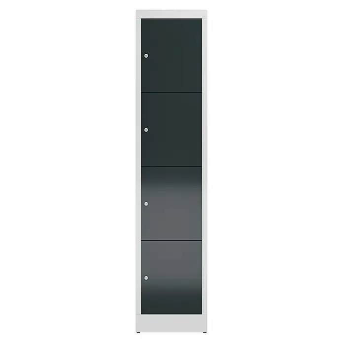 Lüllmann ClassiX Schließfachschrank - H x B x T: 180 x 41,5 x 50 cm, Lichtgrau/Anthrazit, Fertig montiert, Anzahl Fächer: 4 Stk. - Schmaler, grauer Spind mit vier abschließbaren Fächern und einem weißen Rahmen. Ideal für Büro oder Schule.