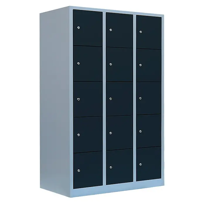 Lüllmann Schließfachschrank - H x B x T: 180 x 118,5 x 50 cm, Lichtgrau/Anthrazit, Fertig montiert, Anzahl Fächer: 15 Stk. - Ein dreispaltiger Spindschrank mit blauen Türen und silberfarbenem Rahmen bietet viel Stauraum und ist ideal für Umkleideräume.