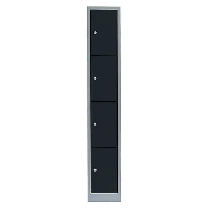 Lüllmann Schließfachschrank - H x B x T: 180 x 31,5 x 50 cm, Lichtgrau/Anthrazit, Fertig montiert, Anzahl Fächer: 4 Stk. - Ein schlanker, anthrazitfarbener Spind mit silberfarbenem Rahmen und vier abschließbaren Fächern, ideal für Büro oder Umkleideraum.
