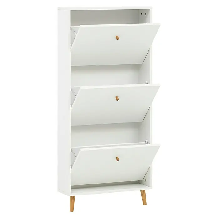 Schildmeyer Bjarne Schuhschrank - L x B x H: 19,5 x 59,8 x 131 cm, Weiß, Anzahl Fächer: 3 Stk. - Dieses Bild zeigt einen weißen Schuhschrank mit drei Kippfächern und Holzgriffen, ideal zur Aufbewahrung von Schuhen.