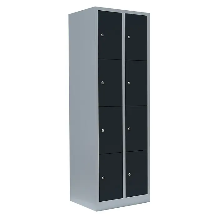 Lüllmann Schließfachschrank - H x B x T: 180 x 60 x 50 cm, Lichtgrau/Anthrazit, Fertig montiert, Anzahl Fächer: 8 Stk. - Bild eines grauen Spinds mit schwarzen Türen und Schlössern, ideal für Schulen oder Arbeitsplätze zur sicheren Aufbewahrung persönlicher Gegenstände.