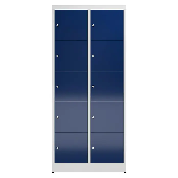 Lüllmann ClassiX Schließfachschrank - H x B x T: 180 x 80 x 50 cm, Lichtgrau/Enzianblau, Fertig montiert, Anzahl Fächer: 10 Stk. - Ein blaues Schließfach mit einem weißen Rahmen, das in zwei Spalten mit jeweils fünf Fächern unterteilt ist und über runde Griffe verfügt.