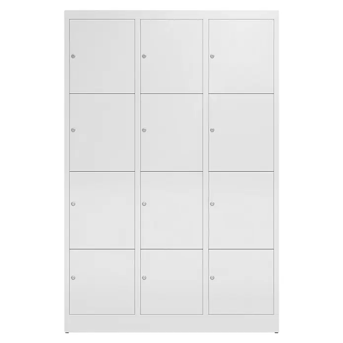 Lüllmann ClassiX Schließfachschrank - H x B x T: 180 x 118,5 x 50 cm, Signalweiß, Fertig montiert, Anzahl Fächer: 12 Stk. - Modernes, weißes Schließfachsystem mit zwölf Fächern, ideal für Büro oder Schule, bietet sichere Aufbewahrungsmöglichkeiten.