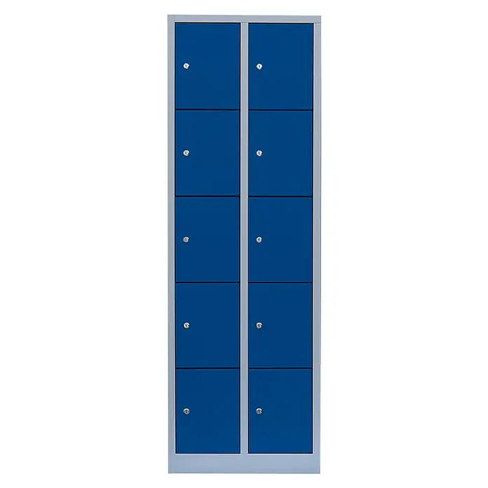 Lüllmann Schließfachschrank - H x B x T: 180 x 60 x 50 cm, Lichtgrau/Enzianblau, Fertig montiert, Anzahl Fächer: 10 Stk. - Blauer Spind mit sechs Fächern und silberfarbenem Rahmen, ideal zur sicheren Aufbewahrung persönlicher Gegenstände in Schulen oder Büros.