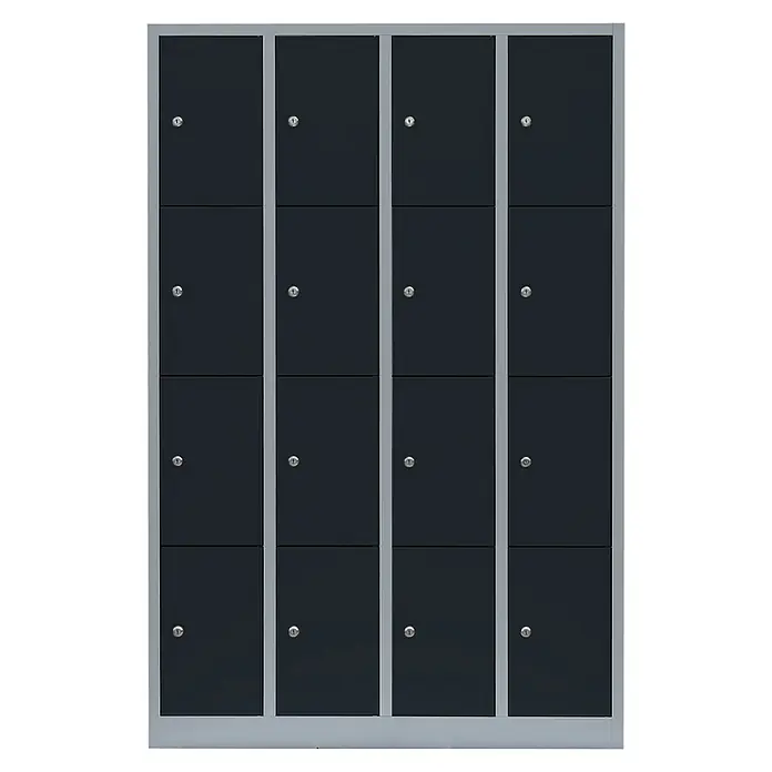 Lüllmann Schließfachschrank - H x B x T: 180 x 117 x 50 cm, Lichtgrau/Anthrazit, Fertig montiert, Anzahl Fächer: 16 Stk. - Ansicht eines Schranksystems mit 16 abschließbaren Fächern in einem eleganten Design, ideal für Büros oder Schulen.