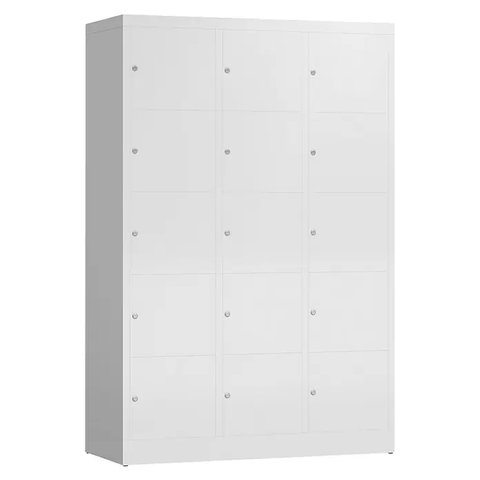 Lüllmann ClassiX Schließfachschrank - H x B x T: 180 x 118,5 x 50 cm, Signalweiß, Fertig montiert, Anzahl Fächer: 15 Stk. - Dreispindiger, weißer Spindschrank mit zwölf Fächern und Drehriegelverschlüssen, ideal für Büro oder Schule zur Aufbewahrung von Gegenständen.