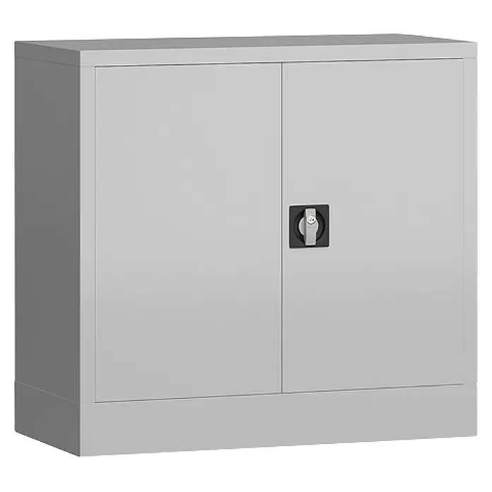Lüllmann ClassiX Metall-Mehrzweckschrank - H x B x T: 75 x 80 x 38 cm, Lichtgrau, Fertig montiert, Anzahl Böden: 1 Stk. - Abbildung eines grauen Stahlschranks mit zwei Türen und einem schwarzen Drehverschluss zur Aufbewahrung von Bürobedarf.