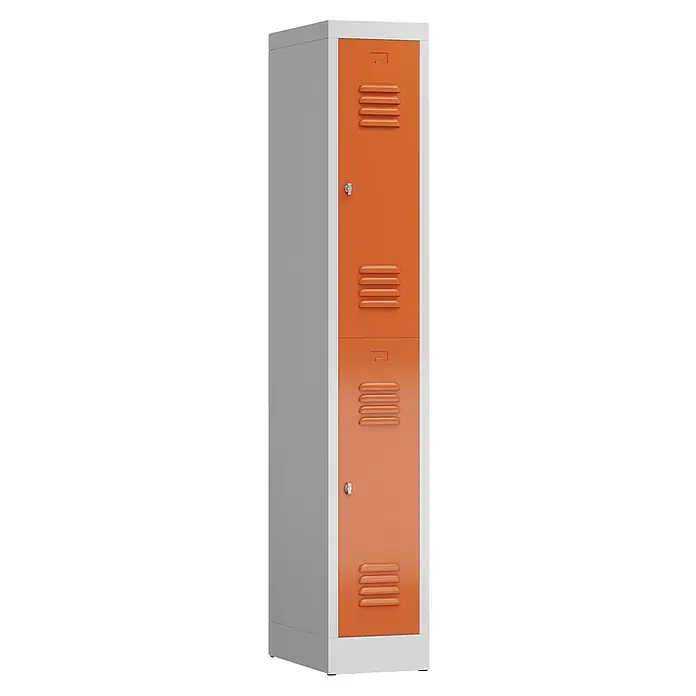 Lüllmann ClassiX Spind - H x B x T: 180 x 31 x 50 cm, Lichtgrau/Feuerrot, Fertig montiert, Anzahl Fächer: 2 Stk. - Ein doppelter, orangefarbener Spind mit grauen Seitenteilen und Belüftungsschlitzen. Ideal für Schule oder Umkleide.