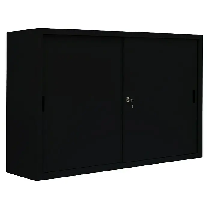 Lüllmann Schiebetür Schrank - H x B x T: 109 x 160 x 45 cm, Tiefschwarz, Fertig montiert, Anzahl Böden: 2 Stk. - Hier ist ein schwarzer Aktenschrank mit Schiebetüren und einem Schloss, ideal für die Büroaufbewahrung von wichtigen Dokumenten.