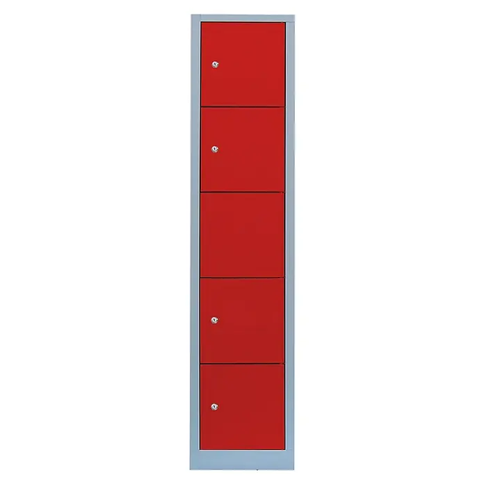 Lüllmann Schließfachschrank - H x B x T: 180 x 41,5 x 50 cm, Lichtgrau/Feuerrot, Fertig montiert, Anzahl Fächer: 5 Stk. - Roter Stahlschrank mit fünf abschließbaren Fächern, ideal für Schulen, Fitnessstudios oder Büros zur sicheren Aufbewahrung persönlicher Gegenstände.
