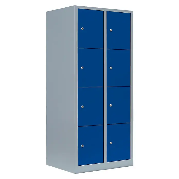 Lüllmann Schließfachschrank - H x B x T: 180 x 80 x 50 cm, Lichtgrau/Enzianblau, Fertig montiert, Anzahl Fächer: 8 Stk. - Blauer und grauer Spind mit acht Fächern und Schlössern zur sicheren Aufbewahrung persönlicher Gegenstände oder Arbeitsmaterialien.