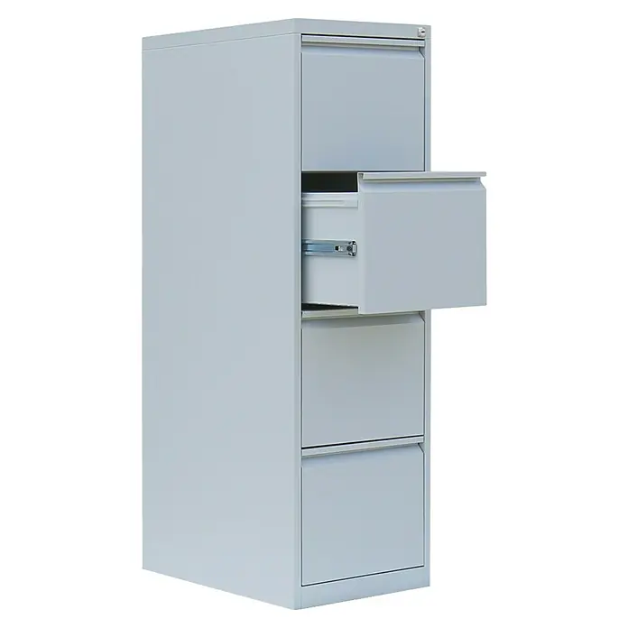 Lüllmann Hängeregisterschrank - H x B x T: 132 x 40 x 62 cm, Lichtgrau, Fertig montiert, Anzahl Schubladen: 4 Stk. - Aufnahme eines grauen Aktenschranks mit vier Schubladen, wobei eine davon teilweise geöffnet ist, was das Ordnungssystem hervorhebt.