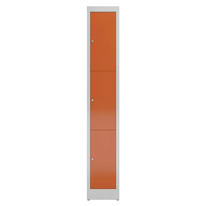 Lüllmann ClassiX Schließfachschrank - H x B x T: 180 x 31 x 50 cm, Lichtgrau/Feuerrot, Fertig montiert, Anzahl Fächer: 3 Stk. - Ein hochformatiges Bild eines dreistöckigen, orangefarbenen Schranks mit silbernen Griffen. Ideal zur Aufbewahrung.