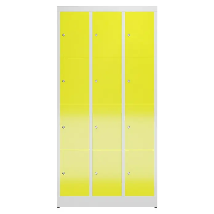 Lüllmann ClassiX Schließfachschrank - H x B x T: 180 x 87 x 50 cm, Lichtgrau/Zinkgelb, Fertig montiert, Anzahl Fächer: 12 Stk. - Gelbe Spinde mit zwölf Fächern und silbernen Griffen, ideal für Schulen oder Fitnessstudios zur sicheren Aufbewahrung persönlicher Gegenstände.