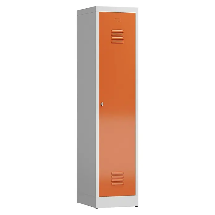 Lüllmann ClassiX Spind mit S/W-Trennung - H x B x T: 180 x 41,5 x 50 cm, Lichtgrau/Feuerrot, Fertig montiert, Anzahl Fächer: 1 Stk. - Schmaler, grauer Metallspind mit einer orangefarbenen Tür mit Belüftungsöffnungen und einem Schloss in der Mitte.
