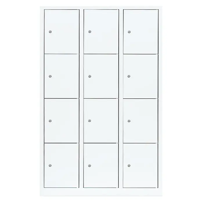 Lüllmann Schließfachschrank - H x B x T: 180 x 118,5 x 50 cm, Signalweiß, Fertig montiert, Anzahl Fächer: 12 Stk. - Schrank mit 12 weißen Fächern mit Schlössern. Ideal für die Aufbewahrung von Wertsachen in Schulen, Fitnessstudios oder Büros, sichere Aufbewahrung.