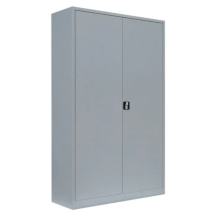 Lüllmann Metall-Mehrzweckschrank - H x B x T: 195 x 120 x 60 cm, Lichtgrau, Fertig montiert, Anzahl Böden: 4 Stk. - Grauer Büroschrank mit zwei Türen und schwarzem Griff, ideal für die Aufbewahrung von Dokumenten und Büromaterial.