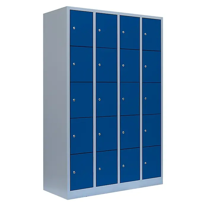 Lüllmann Schließfachschrank - H x B x T: 180 x 117 x 50 cm, Lichtgrau/Enzianblau, Fertig montiert, Anzahl Fächer: 20 Stk. - Blauer Spindschrank mit vier Spalten und fünf Reihen. Er bietet ausreichend Stauraum für verschiedene Gegenstände und ist abschließbar.