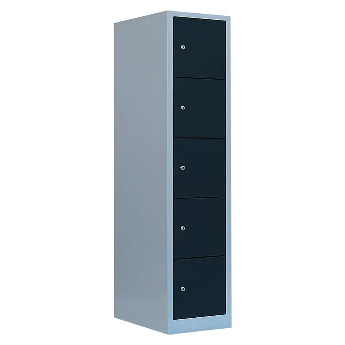 Lüllmann Schließfachschrank - H x B x T: 180 x 41,5 x 50 cm, Lichtgrau/Anthrazit, Fertig montiert, Anzahl Fächer: 5 Stk. - Ein grauer Metallschrank mit fünf abschließbaren Fächern mit dunklen Türen, ideal für Büro oder Schule. Das schlichte Design passt zu jeder Umgebung.