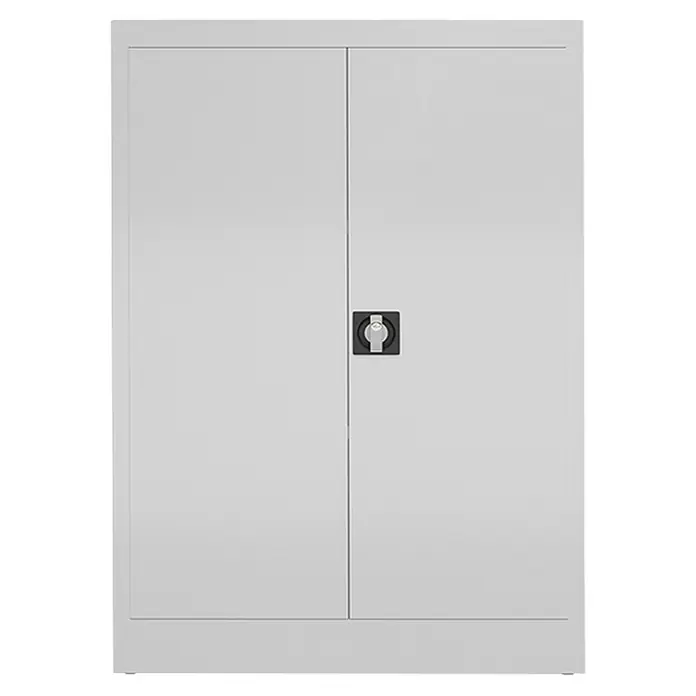 Lüllmann ClassiX Metall-Mehrzweckschrank - H x B x T: 120 x 92 x 42 cm, Signalweiß, Fertig montiert, Anzahl Böden: 2 Stk. - Grauer Metallschrank mit zwei Türen und einem Schloss in der Mitte, ideal für die Aufbewahrung im Büro oder zu Hause.