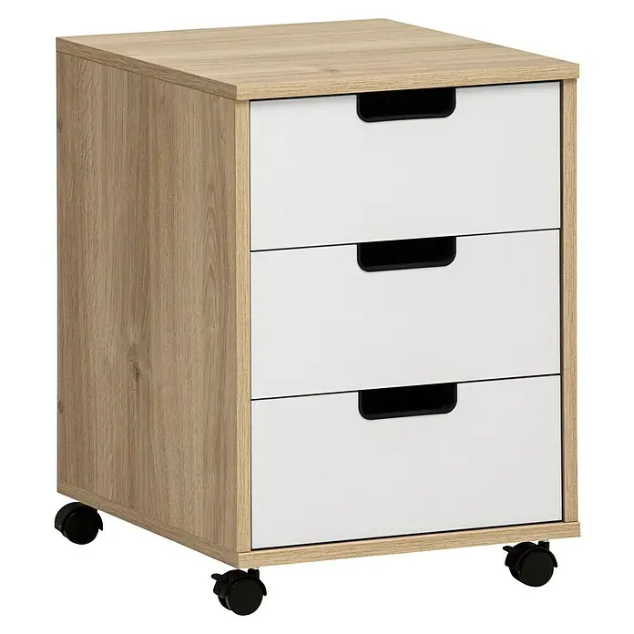 Schildmeyer Emmik Rollcontainer - L x B x H: 50 x 40 x 57 cm, Weiß/Eiche, Anzahl Schubladen: 3 Stk. - Rollcontainer mit drei Schubladen in Holz- und Weißoptik. Ideal für Büro oder Arbeitszimmer zur Aufbewahrung von Dokumenten und Büromaterial.
