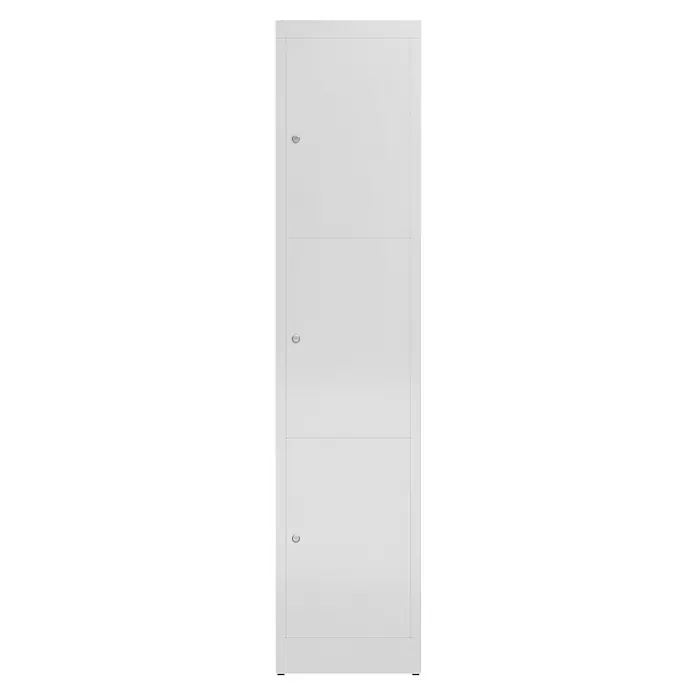Lüllmann ClassiX Schließfachschrank - H x B x T: 180 x 41,5 x 50 cm, Lichtgrau, Fertig montiert, Anzahl Fächer: 3 Stk. - Ein schlanker, dreitüriger, weißer Stahlschrank mit Drehriegelverschlüssen bietet sichere Aufbewahrungslösungen für Büros, Schulen und Fitnessstudios.