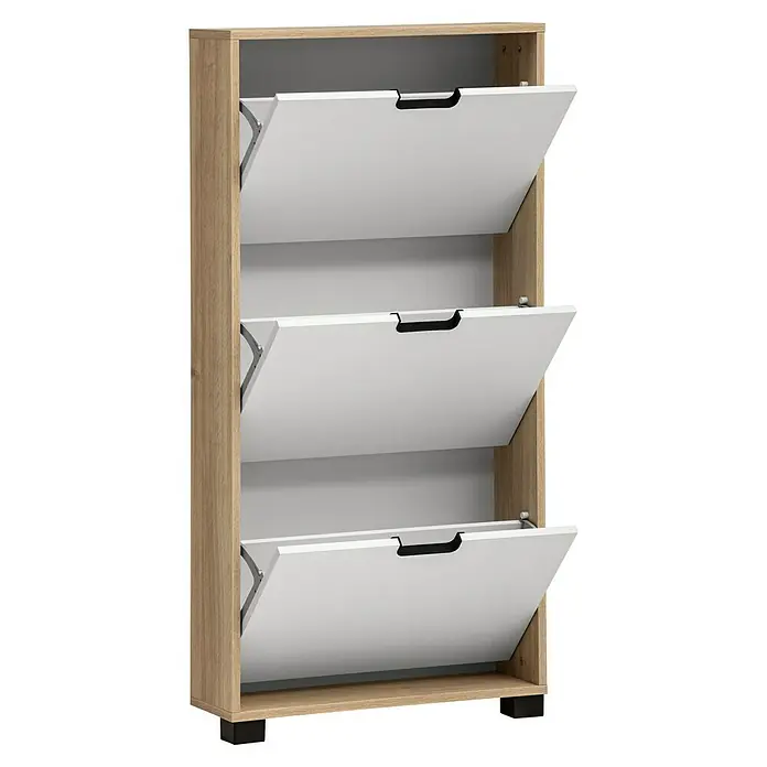 Schildmeyer Emmik Schuhregal - L x B x H: 19,5 x 59,8 x 124 cm, Weiß/Eiche, Anzahl Fächer: 3 Stk. - Dieser moderne Schuhkipper bietet stilvolle Aufbewahrungslösungen mit drei Kippfächern und einem Holzdekor-Rahmen.