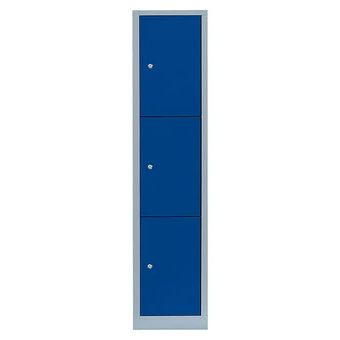 Lüllmann Schließfachschrank - H x B x T: 180 x 41,5 x 50 cm, Lichtgrau/Enzianblau, Fertig montiert, Anzahl Fächer: 3 Stk. - Dreifacher blauer Spind mit stabilen grauen Rahmen und abschließbaren Fächern für sichere Aufbewahrung in Schulen oder Büros.