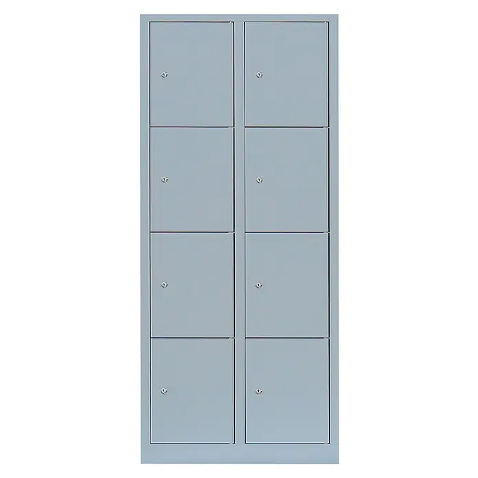 Lüllmann Schließfachschrank - H x B x T: 180 x 80 x 50 cm, Lichtgrau, Fertig montiert, Anzahl Fächer: 8 Stk. - Graue Metallschließfächer mit acht separaten Fächern und kleinen Schlössern an jeder Tür zur sicheren Aufbewahrung von persönlichen Gegenständen.