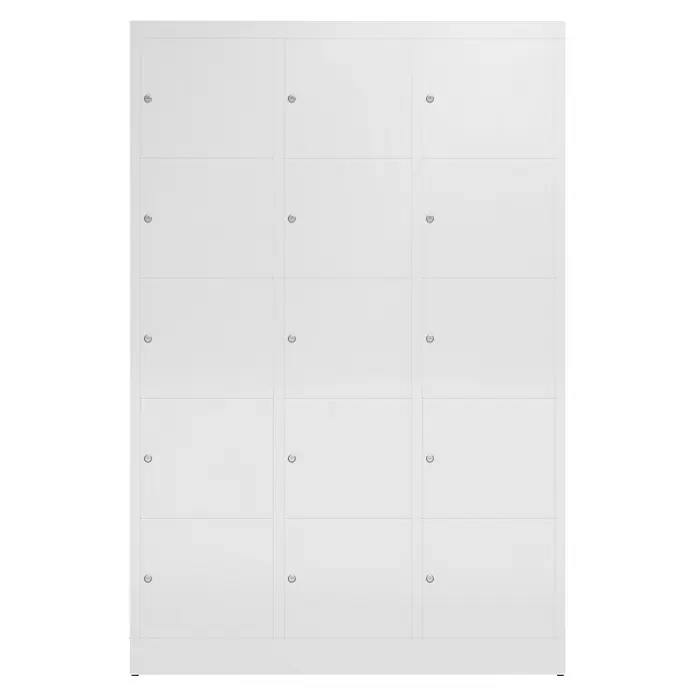 Lüllmann ClassiX Schließfachschrank - H x B x T: 180 x 118,5 x 50 cm, Signalweiß, Fertig montiert, Anzahl Fächer: 15 Stk. - Weißer Spindschrank mit zwölf Fächern und versenkten Griffen, ideal zur sicheren Aufbewahrung persönlicher Gegenstände in Schulen oder Büros.