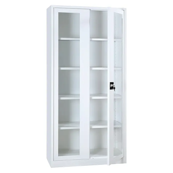 Lüllmann Medizinschrank - B x H: 92,5 x 195 cm, Signalweiß - Weißer Büroschrank mit Glastüren und Regalen, eine Tür ist geöffnet.