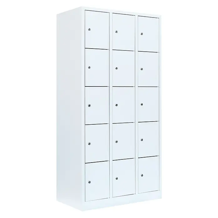 Lüllmann Schließfachschrank - H x B x T: 180 x 88,5 x 50 cm, Signalweiß, Fertig montiert, Anzahl Fächer: 15 Stk. - Ein dreispaltiger, weißer Spindschrank mit mehreren Fächern und abschließbaren Türen bietet sichere Aufbewahrungsmöglichkeiten.
