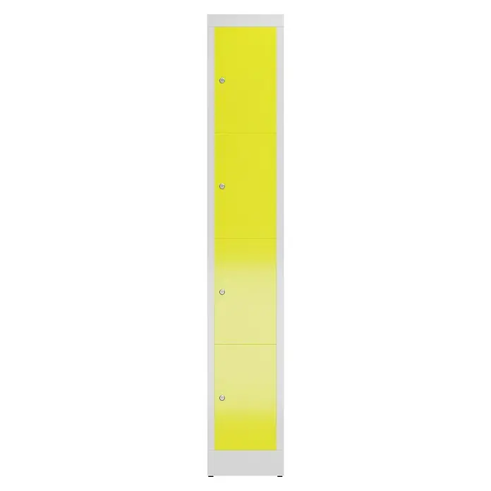 Lüllmann ClassiX Schließfachschrank - H x B x T: 180 x 31 x 50 cm, Lichtgrau/Zinkgelb, Fertig montiert, Anzahl Fächer: 4 Stk. - Gelber Spind mit vier Fächern und silbernen Schlössern, ideal für Schulen oder Umkleideräume, bietet sichere Aufbewahrung.