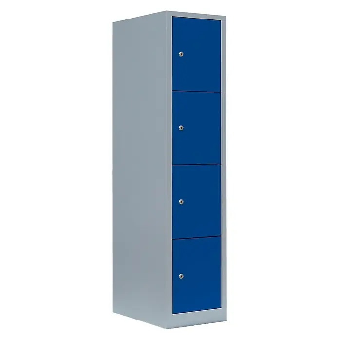 Lüllmann Schließfachschrank - H x B x T: 180 x 41,5 x 50 cm, Lichtgrau/Enzianblau, Fertig montiert, Anzahl Fächer: 4 Stk. - Ein blauer Spind mit vier Fächern und silbernen Türschlössern, ideal für die sichere Aufbewahrung persönlicher Gegenstände.