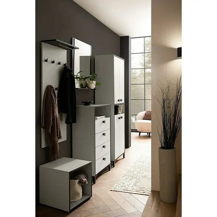 Schildmeyer Edda Garderobenpaneel - L x B x H: 20,9 x 50 x 120,6 cm, Beige/Schwarz - Elegante Garderobe in Grau und Weiß mit Spiegel, Hakenleiste und Stauraumelementen. Modernes Design für einen stilvollen Eingangsbereich.