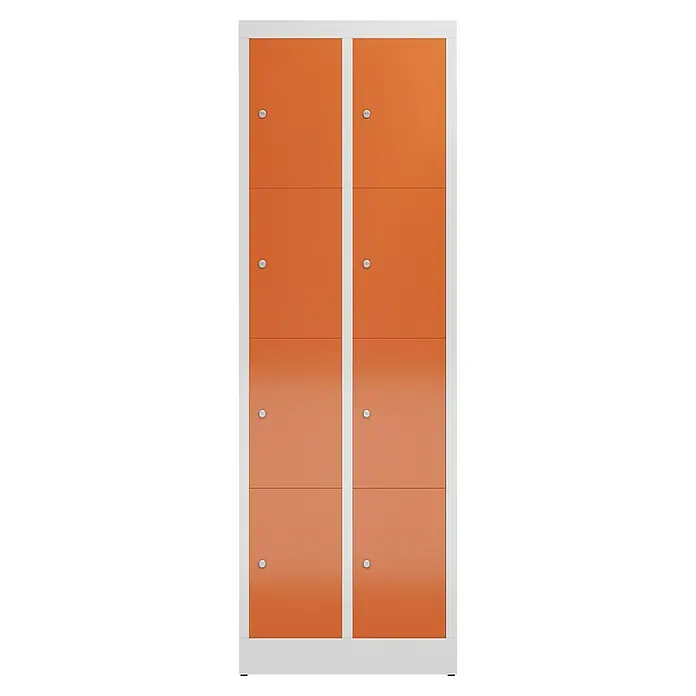 Lüllmann ClassiX Schließfachschrank - H x B x T: 180 x 59 x 50 cm, Lichtgrau/Feuerrot, Fertig montiert, Anzahl Fächer: 8 Stk. - Ein zweireihiger, orangefarbener Spind mit weißen Akzenten bietet viel Stauraum. Er ist ideal für Sportvereine oder Schulen.