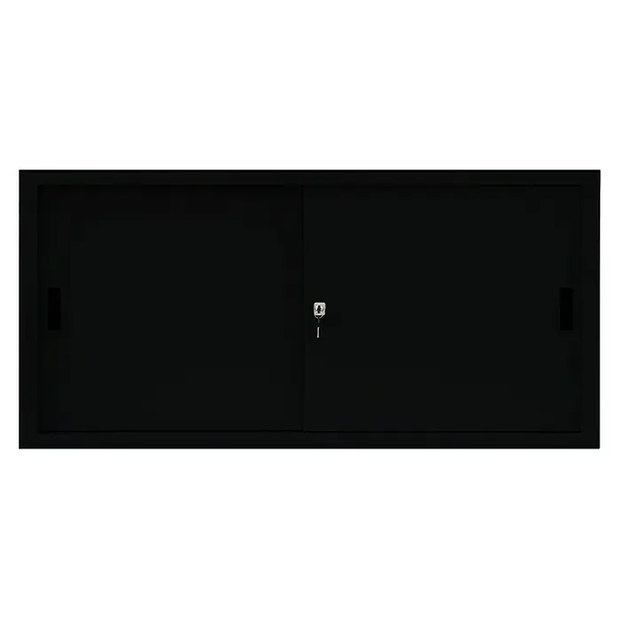 Lüllmann Schiebetür Schrank - H x B x T: 75 x 160 x 45 cm, Tiefschwarz, Fertig montiert, Anzahl Böden: 1 Stk. - Schwarzer Aktenschrank mit verschiebbaren Türen und Schloss. Ideal für Büro und Homeoffice.