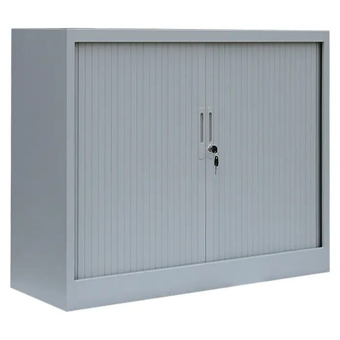 Lüllmann Rollladenschrank - H x B x T: 105 x 120 x 45,7 cm, Lichtgrau, Fertig montiert, Anzahl Böden: 2 Stk. - Grauer Aktenschrank mit Rolltüren und Schloss, ideal für Büro oder Werkstatt zur sicheren Aufbewahrung von Dokumenten und Materialien.