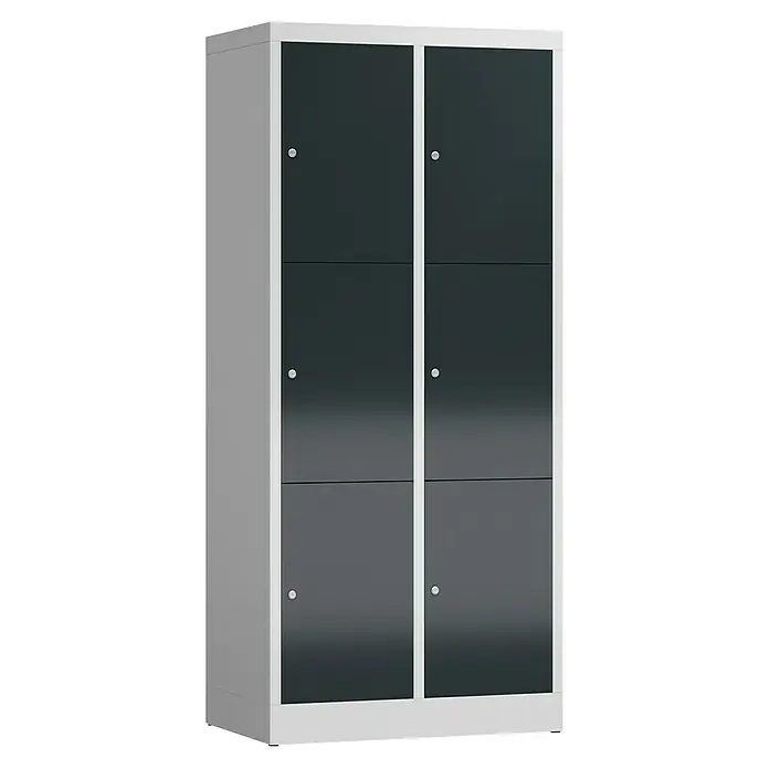 Lüllmann ClassiX Schließfachschrank - H x B x T: 180 x 80 x 50 cm, Lichtgrau/Anthrazit, Fertig montiert, Anzahl Fächer: 6 Stk. - Abbildung eines grauen Aktenschranks mit sechs Fächern und weißen Akzenten, ideal für Büro oder Homeoffice zur Aufbewahrung.