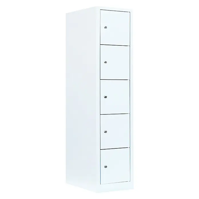 Lüllmann Schließfachschrank - H x B x T: 180 x 41,5 x 50 cm, Signalweiß, Fertig montiert, Anzahl Fächer: 5 Stk. - Ein weißer Spind mit fünf abschließbaren Fächern, ideal für Schulen, Büros oder Fitnessstudios, bietet viel Stauraum.