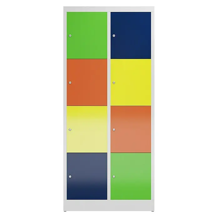 Lüllmann ClassiX Schließfachschrank - H x B x T: 180 x 80 x 50 cm, Lichtrgau/Mehrfarbig, Fertig montiert, Anzahl Fächer: 8 Stk. - Bunter Spindschrank mit acht Fächern in verschiedenen Farben wie Grün, Blau, Orange und Gelb, ideal für Schulen oder Umkleideräume.