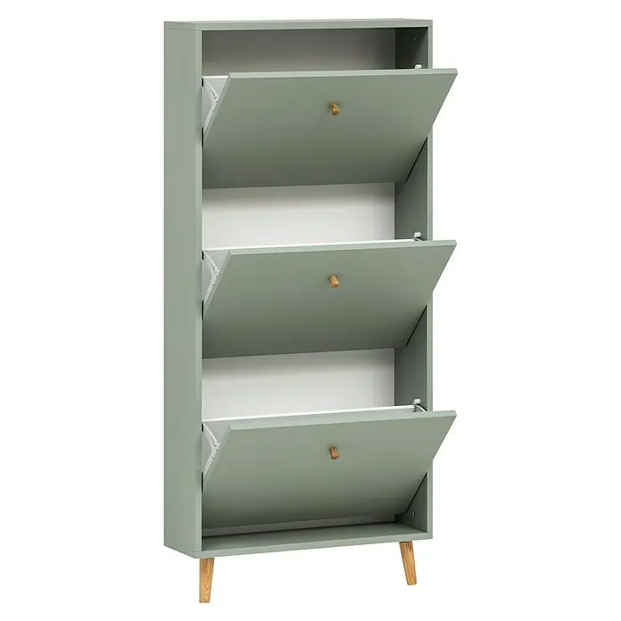 Schildmeyer Bjarne Schuhschrank - L x B x H: 19,5 x 59,8 x 131 cm, Pistazie, Anzahl Fächer: 3 Stk. - Ein grüner Schuhschrank mit drei Fächern, die nach vorne geöffnet sind. Die Griffe sind aus hellem Holz, ebenso die Füße des Schranks.