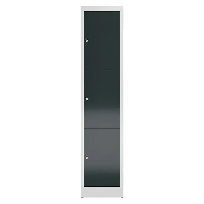 Lüllmann ClassiX Schließfachschrank - H x B x T: 180 x 41,5 x 50 cm, Lichtgrau/Anthrazit, Fertig montiert, Anzahl Fächer: 3 Stk. - Dreitüriger grauer Spind mit silbernen runden Griffen und einem weißen Rahmen für Büro oder Schule.