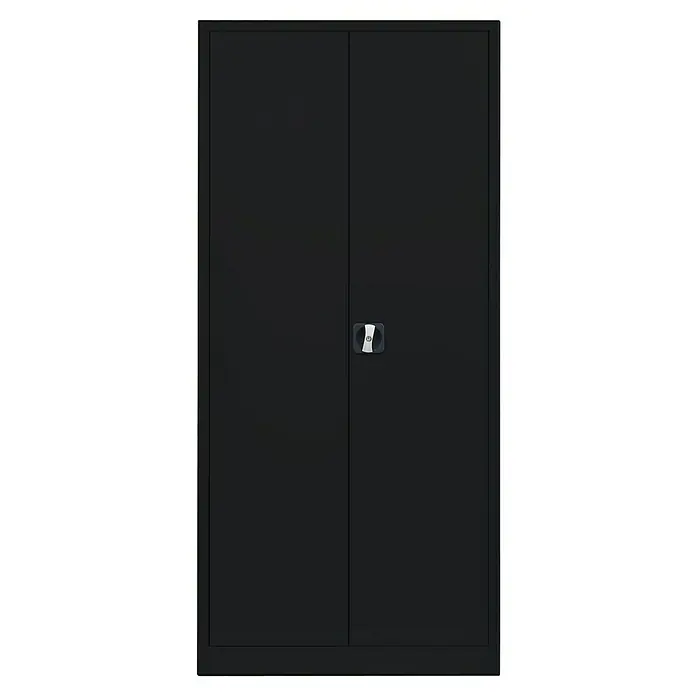 Lüllmann Metall-Mehrzweckschrank - H x B x T: 180 x 80 x 38,3 cm, Tiefschwarz, Fertig montiert, Anzahl Böden: 3 Stk. - Schwarzer Büroschrank mit zwei Türen und einem Drehknopf in der Mitte. Ideal zur Aufbewahrung von Bürobedarf und wichtigen Dokumenten.