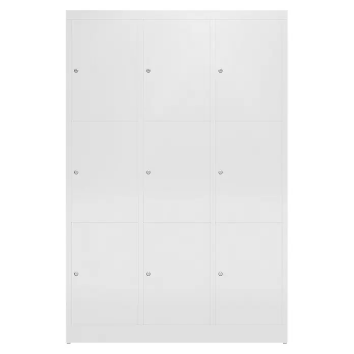 Lüllmann ClassiX Schließfachschrank - H x B x T: 180 x 118,5 x 50 cm, Signalweiß, Fertig montiert, Anzahl Fächer: 9 Stk. - Weißer Spindschrank mit neun Fächern für sichere Aufbewahrung und geordnete Organisation von persönlichen Gegenständen.